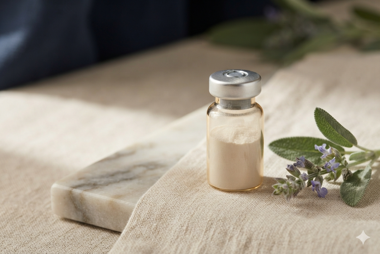 A compounded peptide vial prepared by a licensed 503A pharmacy, resting on linen