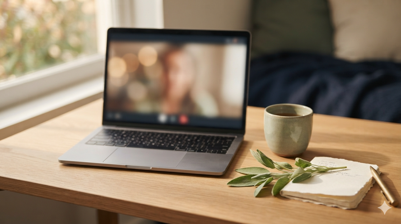 A calm home telehealth consultation: laptop, tea, and a sage sprig in natural light